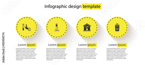 Set Giving up cigarette, Cigarette butt, No smoking at home and Trash can. Business infographic template. Vector