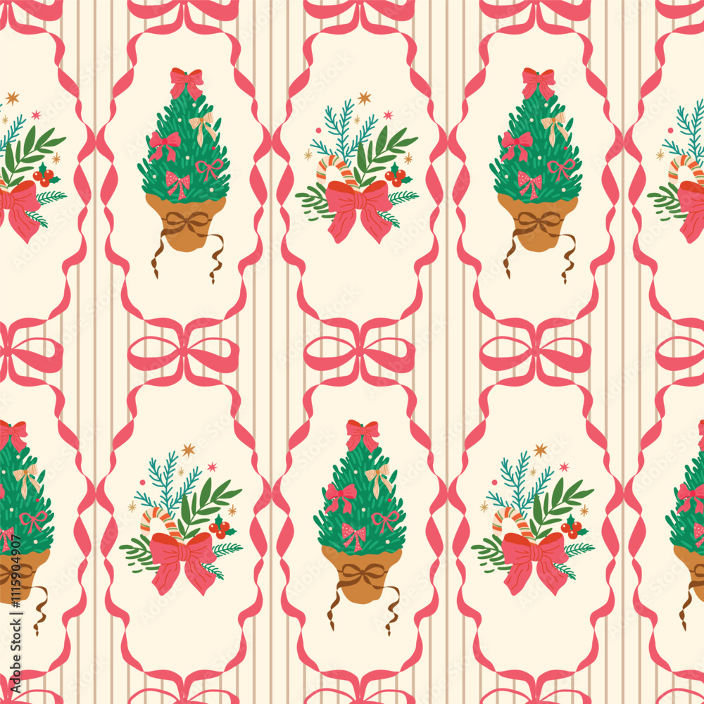 Christmas coquette seamless pattern with pink bow knots, ribbons, preppy Christmas tree. Grandmillennial damask wallpaper, retro winter holiday textile design, print, background. Vector illustration.