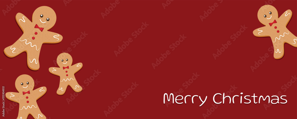 Merry Christmas banner, cards or background, design template. Homemade gingerbread man cookie theme concept, holiday fair and sale. Vector illustration.
