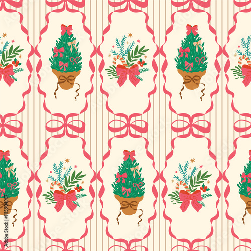 Obraz na płótnie Christmas coquette seamless pattern with pink bow knots, ribbons, preppy Christmas tree. Grandmillennial damask wallpaper, retro winter holiday textile design, print, background. Vector illustration. w salonie