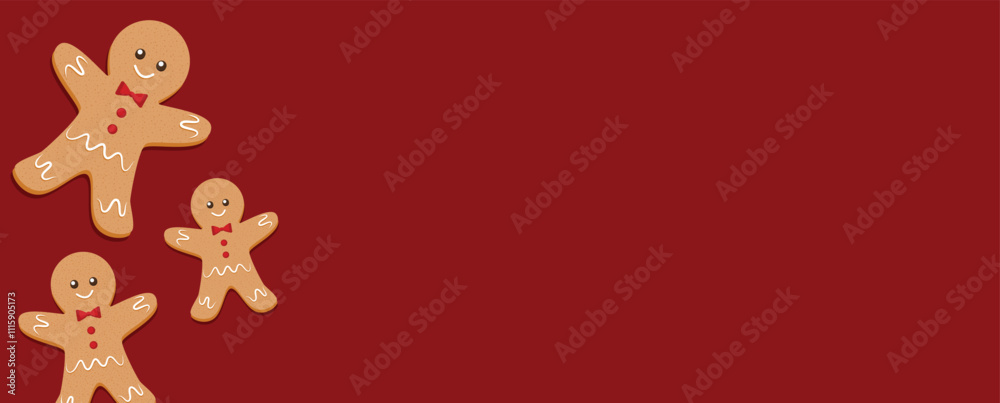 Merry Christmas banner, cards or background, design template. Homemade gingerbread man cookie theme concept, holiday fair and sale. Vector illustration.