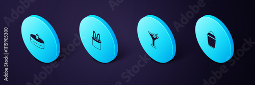 Set Isometric Cocktail shaker, Martini glass, Magician hat and rabbit ears and Cake with burning candles icon. Vector