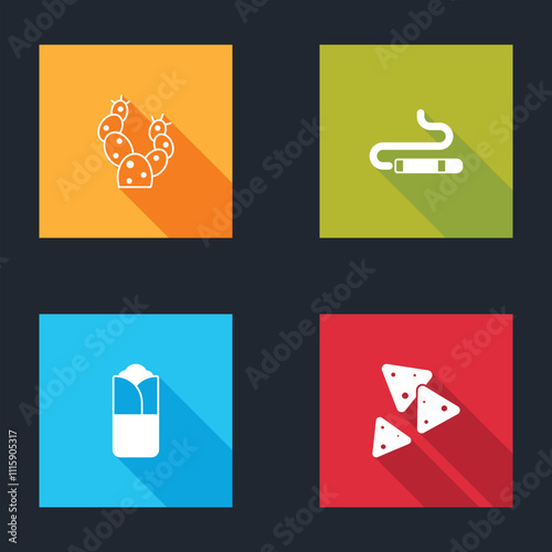 Set Cactus, Cigar, Burrito and Nachos icon. Vector