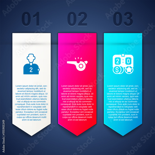 Set Football or soccer player, Whistle and betting money. Business infographic template. Vector