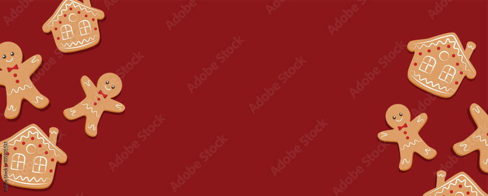 Merry Christmas banner, cards or background, design template. Homemade gingerbread man cookie theme concept, holiday fair and sale. Vector illustration.
