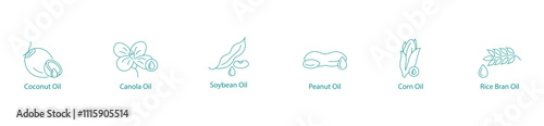 Essential Cooking Oils Vector Icon Set: Coconut, Canola, Soybean, Peanut, Corn, Rice Bran