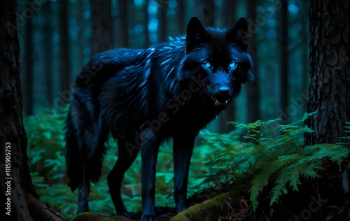 Majestic black wolf with glowing eyes standing in a dark forest. photo