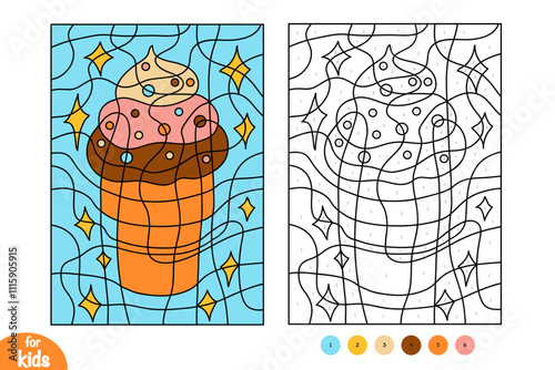 Cartoon ice cream. Color by number, education game for kids