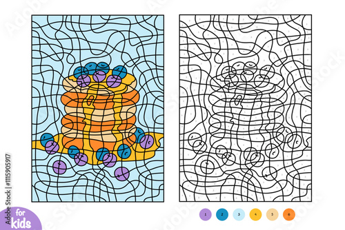 Cartoon Pancakes with berries. Color by number, education game for kids