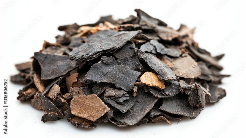 Close-Up View of a Pile of Natural Wood Bark Pieces Spread Out on a White Background, Showcasing Texture and Earthy Tones for Organic and Rustic Themes Close-Up View of a Pile of Natural Wood Bark Pieces Spread Out on a White Background, Showcasing Texture and Earthy Tones for Organic and Rustic Themes