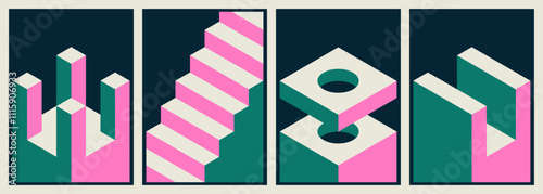Set of isometric vector elements, architectural shapes and monoliths for covers, posters, cards, flyers or branding.