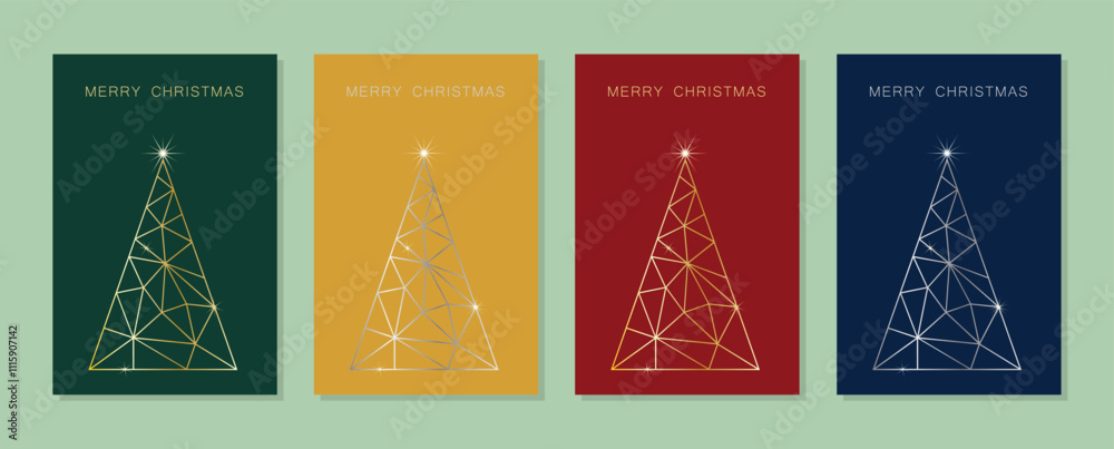 Set of Merry Christmas Card Designs with Simple Geometric Christmas Tree Illustration. Modern Linear Luxury Christmas Cards with Merry Christmas Text. Vector Design template.
