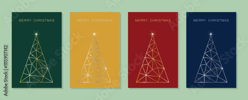 Set of Merry Christmas Card Designs with Simple Geometric Christmas Tree Illustration. Modern Linear Luxury Christmas Cards with Merry Christmas Text. Vector Design template.