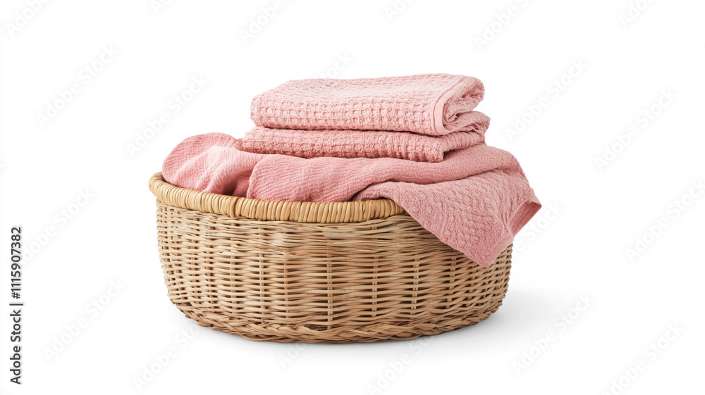 pile of clean laundry in a wicker basket isolated on a white background pile of clean laundry in a wicker basket isolated on a white background