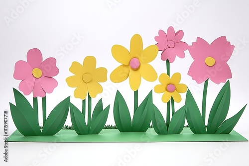 Happy Easter paper craft for kids. Paper DIY seasonal flowers tulips pastel green background. Spring decor, reate art for children, daycare, kindergarten, flyer greeting card, holiday concept
 photo