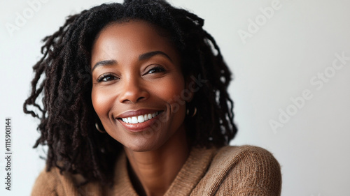 portrait of happy middle aged black woman isolated on white background