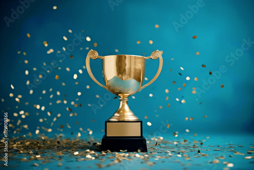 Small elegant gold trophy with gold confetti on light blue background