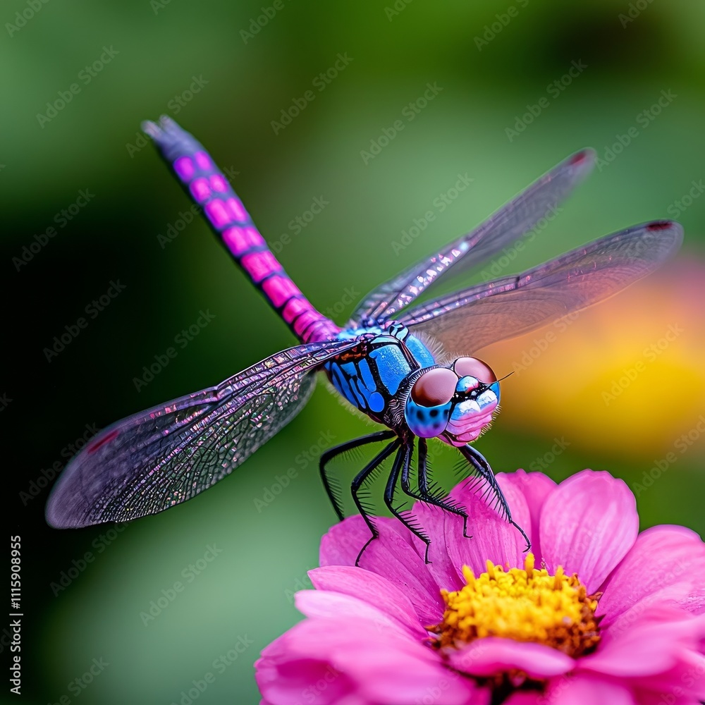 A lively dragonfly, its wings shimmering with iridescence, among a bed of colorful flowers. A lively dragonfly, its wings shimmering with iridescence, among a bed of colorful flowers.