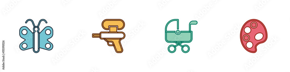 Set Butterfly, Water gun, Baby stroller and Palette icon. Vector Set Butterfly, Water gun, Baby stroller and Palette icon. Vector