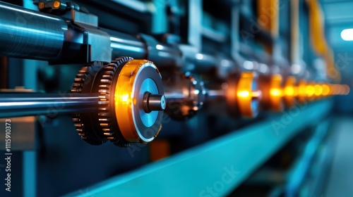 A close-up view of gear mechanisms inside a modern manufacturing plant, showcasing precision engineering and advanced industrial manufacturing processes. photo