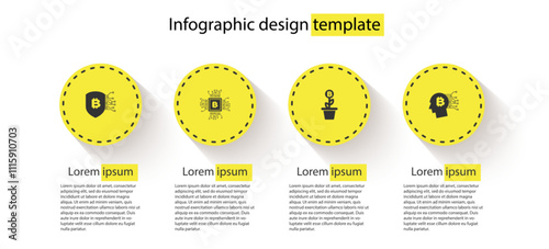 Set Shield with bitcoin, CPU mining farm, Bitcoin plant the pot and think. Business infographic template. Vector