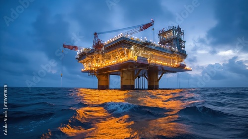 Offshore oil and gas jack-up platform during cargo operations with supply vessel in the ocean. Oil and Gas Industry photo