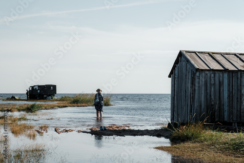 A girl walks on the water during the White Sea overflow
