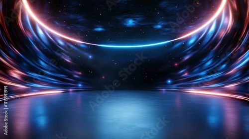 A futuristic glowing stage with cosmic hues of light and an abstract design, embodying innovation and artistic expression in a brilliantly lit, imaginative setting. photo