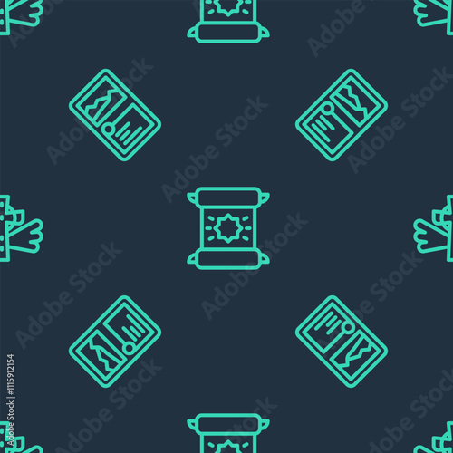 Set line Decree, parchment, scroll, Card game collection and Christian cross on seamless pattern. Vector