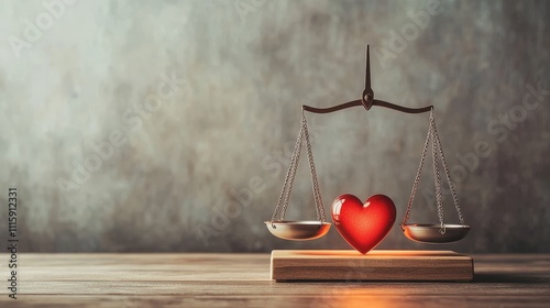 Symbolic scales balancing a heart on a wooden table.