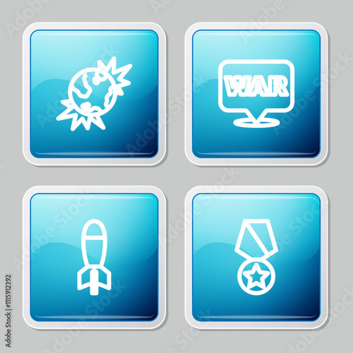 Set line Bomb explosive planet earth, The word war, Rocket launcher and Military reward medal icon. Vector