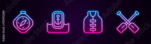 Set line Compass, Location with anchor, Life jacket and Paddle. Glowing neon icon. Vector