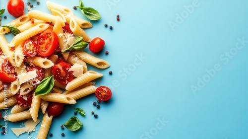 A vibrant dish of pasta garnished with fresh tomatoes and basil, set against a blue surface, epitomizing the fresh, healthy, and colorful nature of Italian cuisine. photo