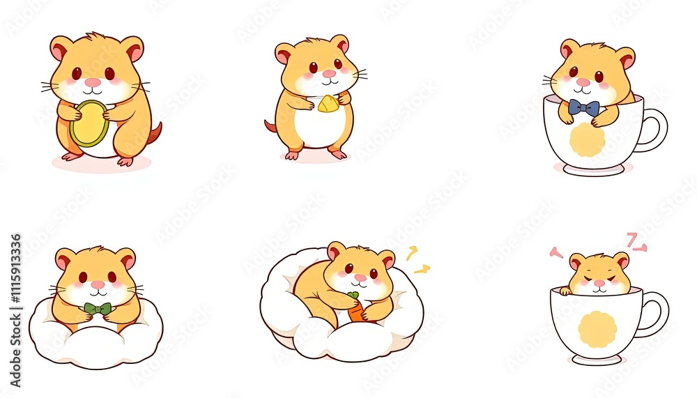 Fototapeta premium set of funny cartoon animals. hamsters charming collection features cute illustrated hamsters engaged in various activities, perfect for adding a playful touch to any design project.