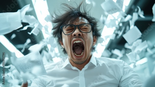 A person sitting in an office environment with papers flying everywhere embodies a scene of chaos and stress. The image effectively captures intense emotion and anxiety. photo