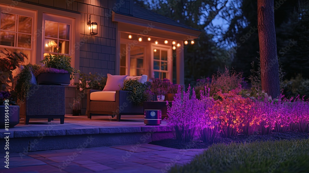 Obraz premium Evening patio scene with colorful lighting, comfortable seating, and lush garden.