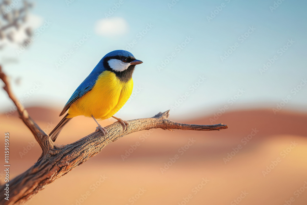 Obraz premium A vibrant blue and yellow bird perched on a branch against a desert backdrop.
