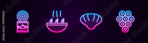 Set line Canned fish, Soup with shrimps, Scallop sea shell and Caviar. Glowing neon icon. Vector