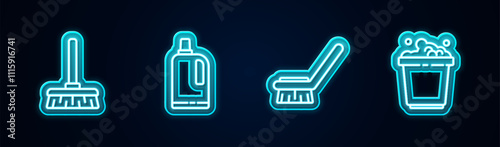 Set line Handle broom, Fabric softener, Brush for cleaning and Bucket with soap suds. Glowing neon icon. Vector