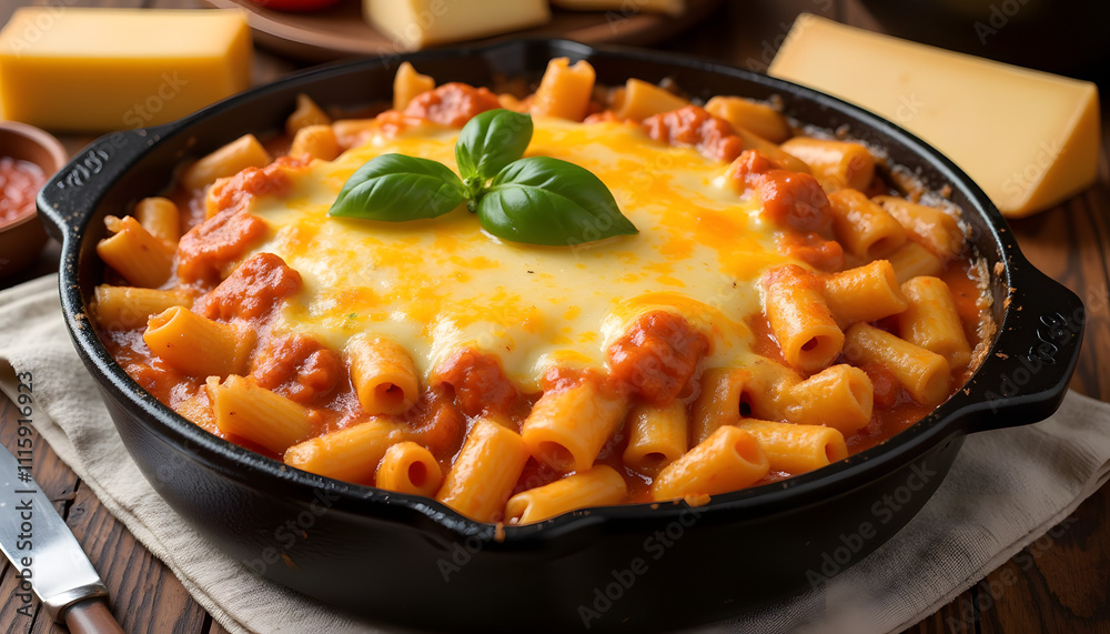 Baked four-cheese macaroni dish in a cast iron skillet, with bubbling golden brown cheese Baked four-cheese macaroni dish in a cast iron skillet, with bubbling golden brown cheese