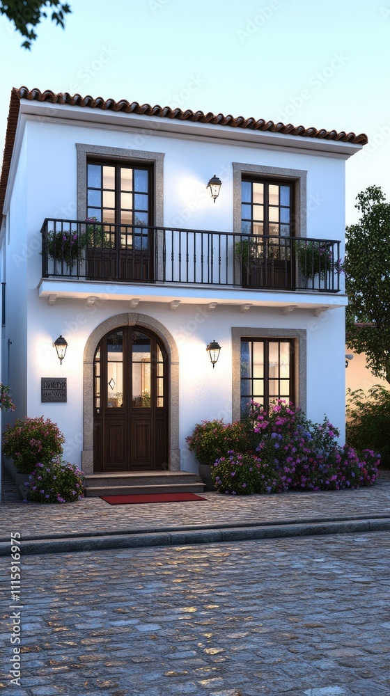 Obraz premium A lovely house features an arched window, potted flowers, and red roses, illuminated by soft moonlight in a tranquil courtyard