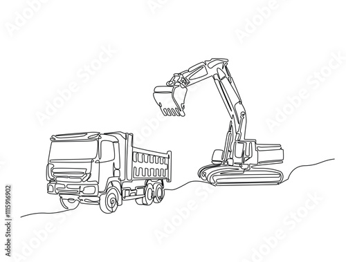 Continuous one line drawing of excavator and dump truck. Excavator is loading material into heavy dump line draw vector illustration. Editable vector.