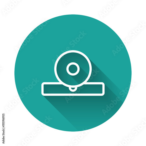 White line Otolaryngological head reflector icon isolated with long shadow. Equipment for inspection the patient's ear, throat and nose. Green circle button. Vector Illustration