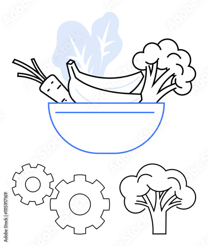 Fresh vegetables in a bowl including broccoli, carrot, and bananas with additional elements such as gears and a tree. Ideal for healthy eating, nutrition, wellness, food industry, gardening, organic