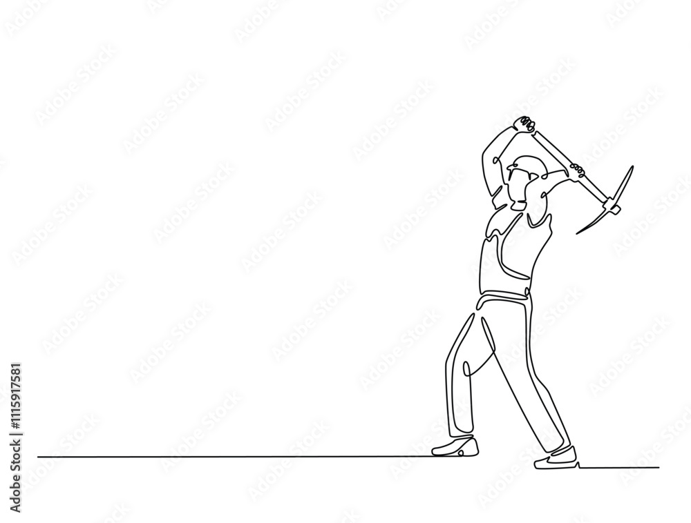Fototapeta premium Continuous line art of miner holding pickaxe for digging. Outline drawing of man working with pickaxe. editable stroke design