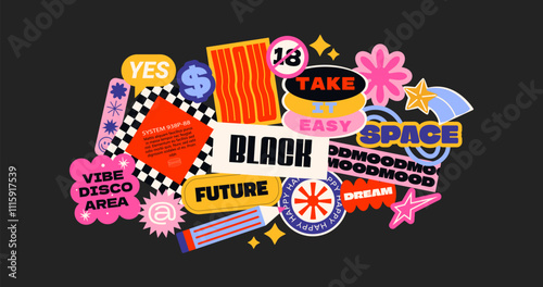 Futuristic y2k patches, labels, tags, stickers, bracelet stamps in retro style. Cartoon stickers in funky hipster groovy grunge 90s style. Vector set, trendy promo labels
