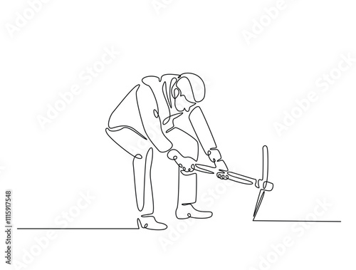 Continuous line art of miner holding pickaxe for digging. Outline drawing of man working with pickaxe. editable stroke design