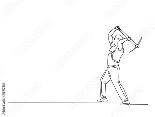Continuous line art of miner holding pickaxe for digging. Outline drawing of man working with pickaxe. editable stroke design