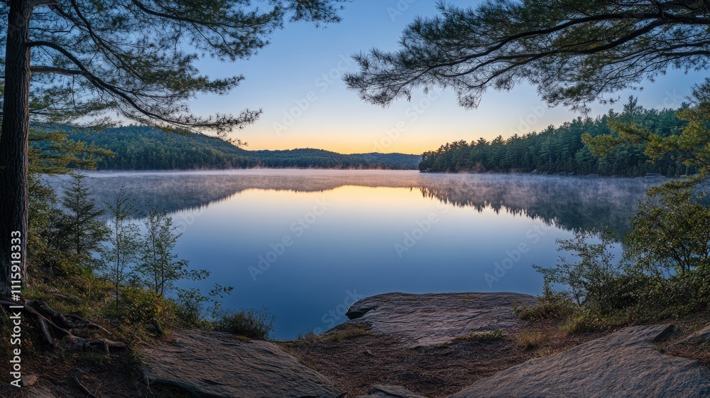 Obraz premium Serene sunrise, misty lake, tree-framed view.