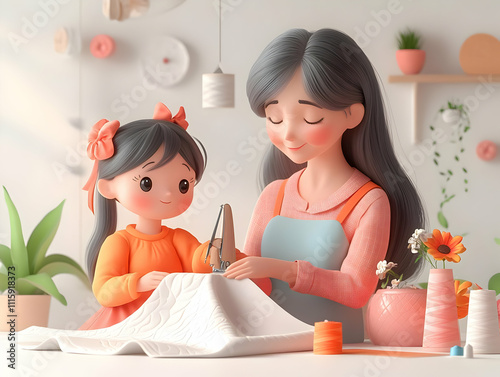 3D Grandmother and granddaughter sewing together with a plain background and copy space concept as An intimate close up of a grandmother and granddaughter sewing a quilt together set against a plain b